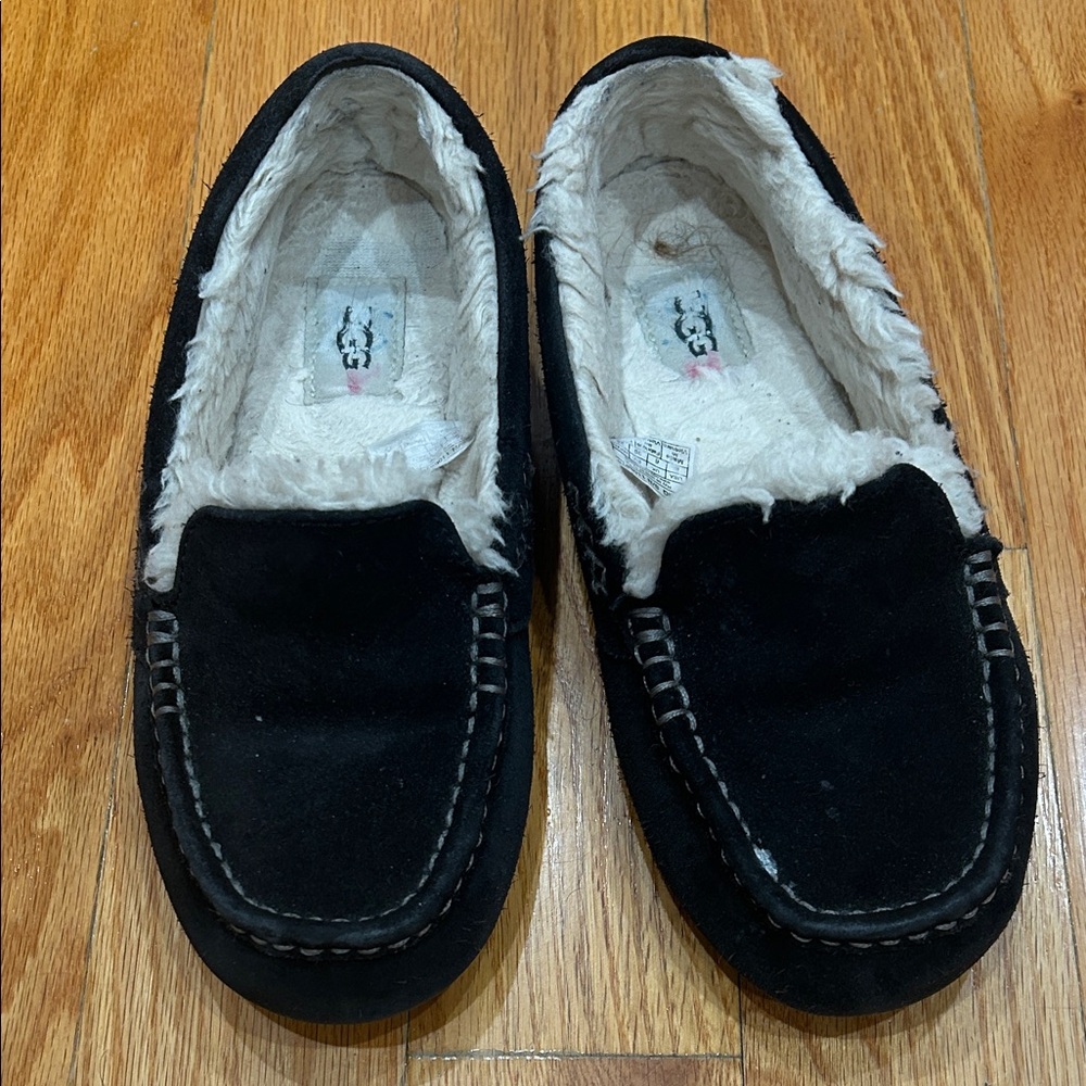 UGG Women's Black Suede Slip-Ons with Faux Fur